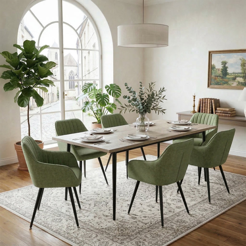 Modern Upholstered Dining Chairs with Arms, Fabric Dining Armchairs with Padded Seat & Metal Legs, Green