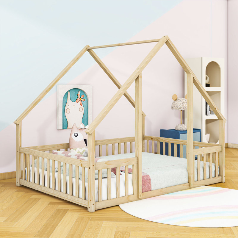 Lit en bois avec garde-corps, Naturel, Double