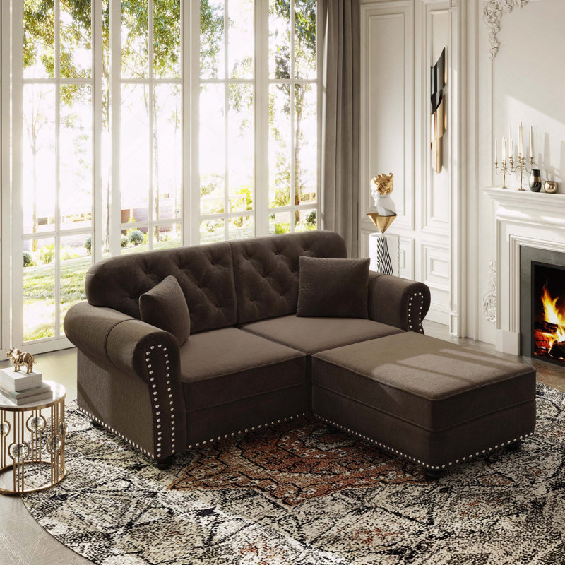 Velours Chesterfield canapé garniture cloutée capitonnée, Brun