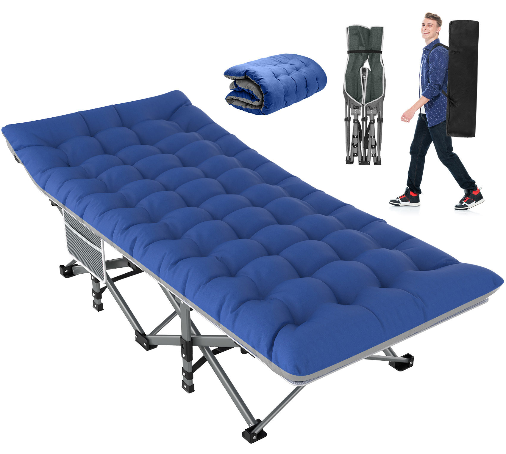 Lit De Camp Pliant 1 Personne Avec Matelas - Dossier Réglable 6 Positions - 190x68x30 Cm - Charge 150 Kg - 5