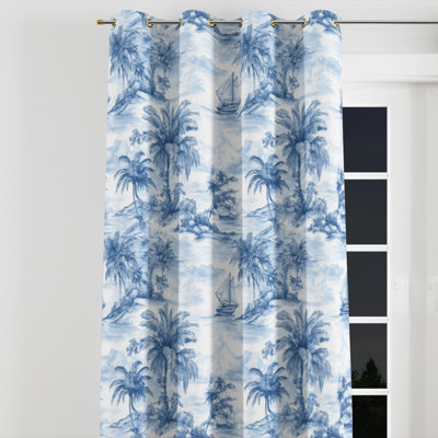 Beach Curtains for bedroom - Blue Coastal Toile Velvet Grommet Curtain - 1 Panel