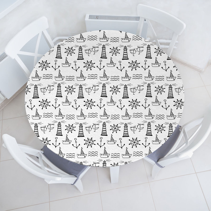 Bungalow Rose Lighthouse Fitted Round Tablecloth Diameter Black White, 47.24" Round