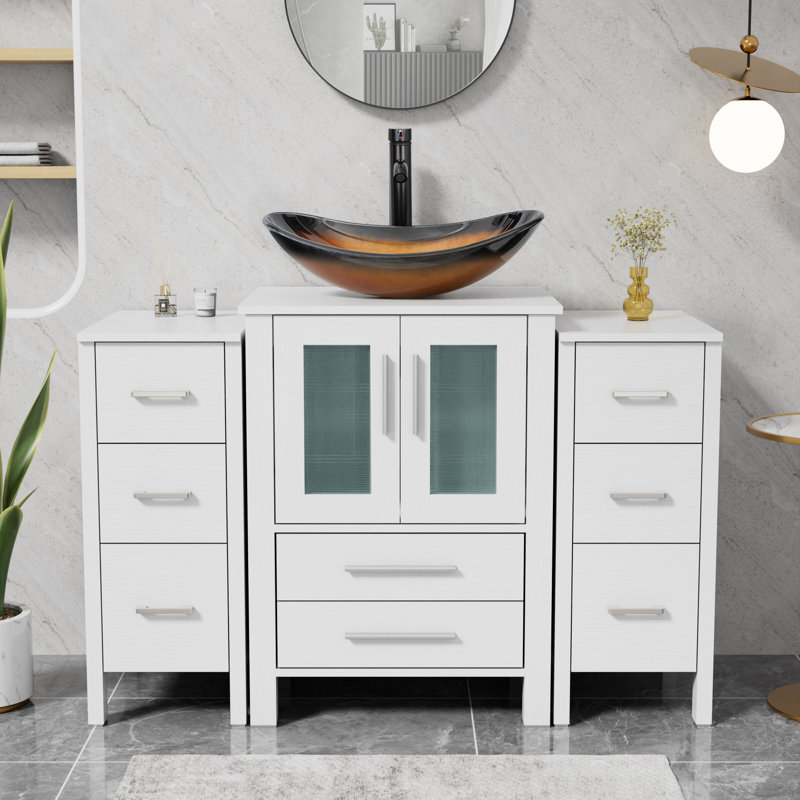 Meuble-lavabo simple 48 po avec lavabo vasque Sharee, comptoir en bois manufacturé, robinet et drain Sharee, Brun, Blanc