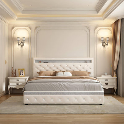 Kendrall Upholstered LED Bed Frame with Storage Drawers & Adjustable Headboard