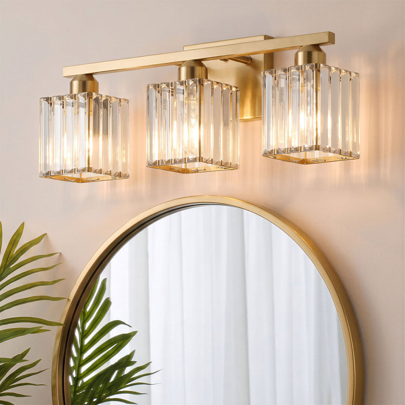 3-Light Crystal Dimmable Vanity Light, Bruhsed Brass