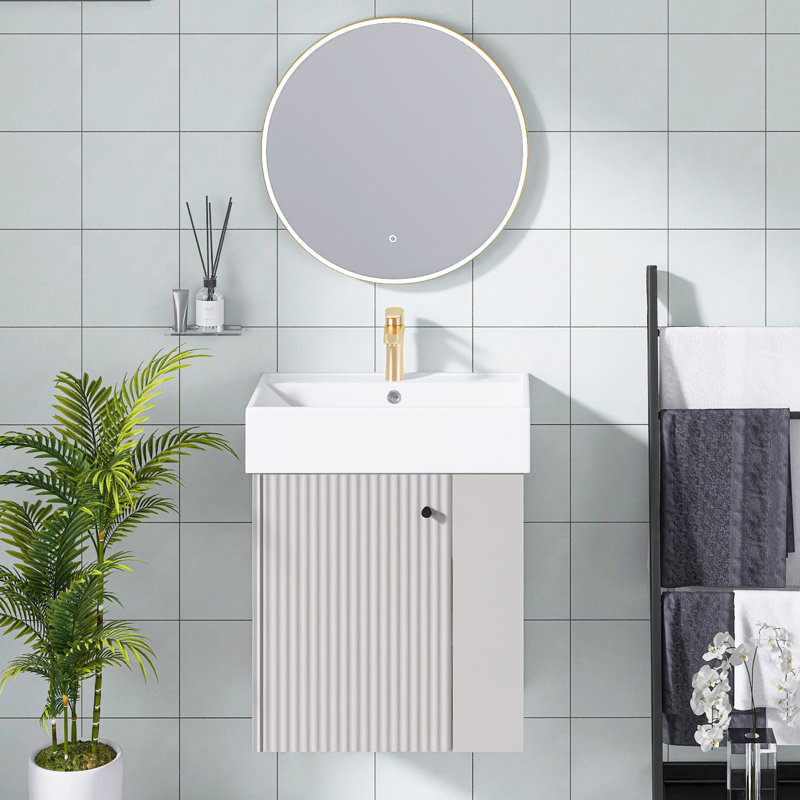 21,6 pouces Meuble-lavabo flottant gris moderne avec lavabo en céramique |  Fixation murale | 1 porte à fermeture en douceur | Rangement à droite | Porte d'armoire à motif de vagues