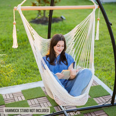  Hammock Chair With Spreader Bar Caribbean Hammock Swing Chair 300 Lbs Weight Capacity Xl Rope Hanging Chair For Outdoor Indoor Garden Yard - Natural White