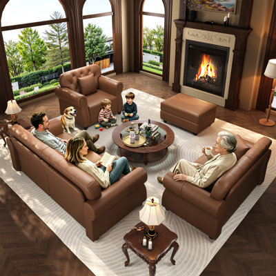 4-Piece Mid-Century Modern Chesterfield Living Room Set Upholstered Faux Leather Furniture Set