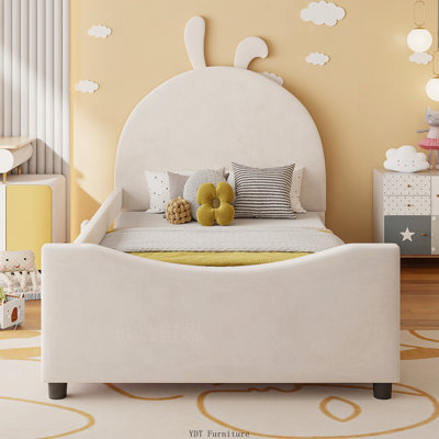 Twin Size Upholstered Daybed with Rabbit Ear Shaped Headboard | Beige