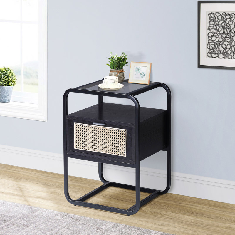 Table d'appoint noire tendance avec verre et intérieur de tiroir secret incassable