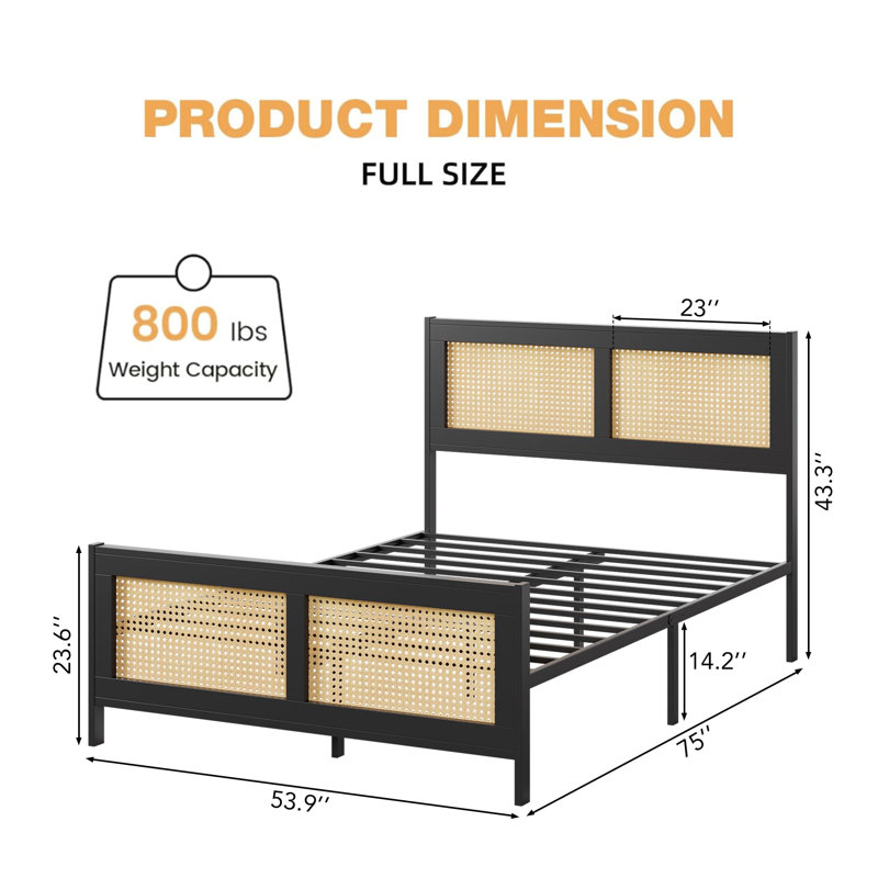 Rattan Bed Frame With Headboard, Boho Cane Platform Bed Frame With Strong Metal Slat, Full, Black