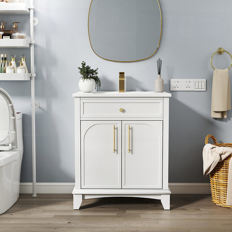 Meuble-lavabo moderne de 27,8 po avec lavabo et rangement intégrés, conception autoportante de style Mid-Century, surface peinte écologique