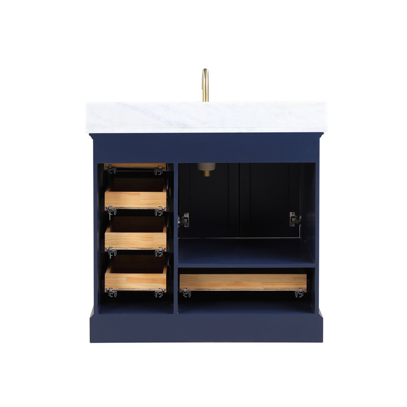 Meuble-lavabo simple Dashan avec plateau en marbre de Carrare, Bleu marine