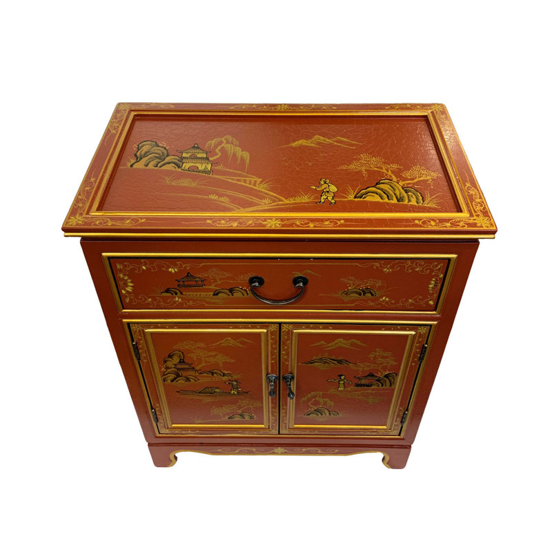  30 "H. Armoire à chaussures asiatique, paysage peint à la main sur rouge antique.