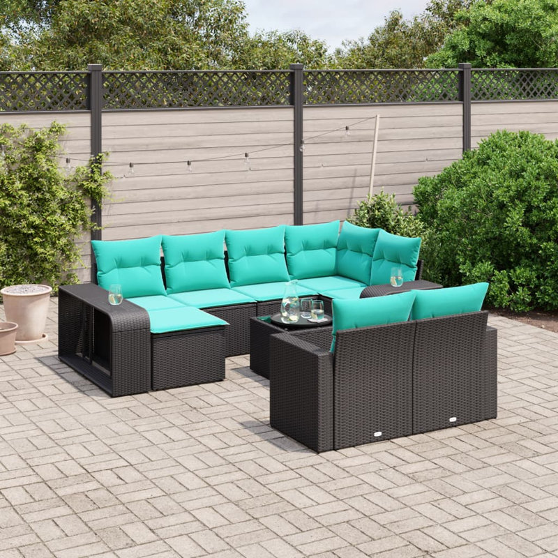  Ensemble de canapé de patio 11 pièces avec coussins en rotin de polyester, Sarcelle, Noir