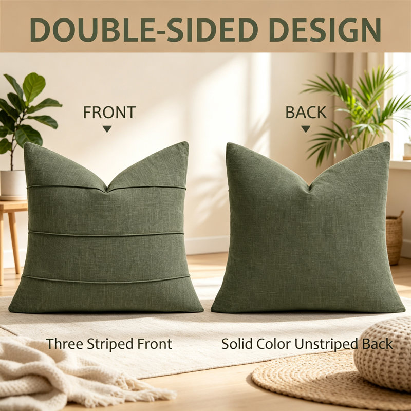 Housses de coussin en lin à rayures 18 x 18, 2 pièces, vert olive, L 18 po x l 18 po, Vert olive