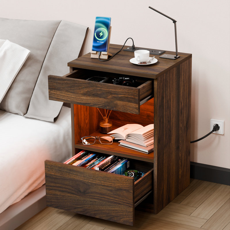 Breslyn Manufactured Wood Nightstand with Charging Station, LED Light and Shelf, Walnut