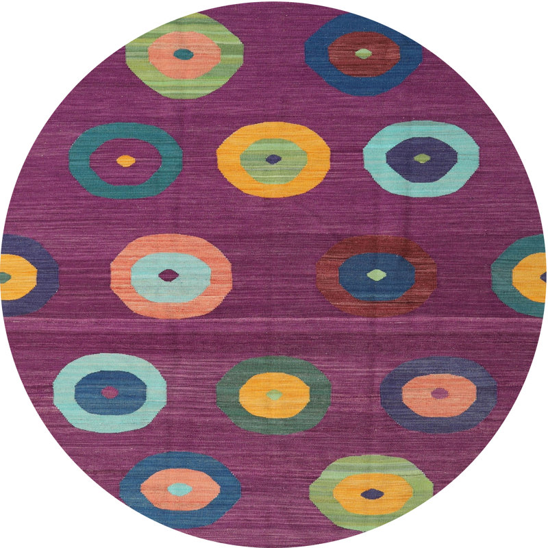 Tapis géométrique mauve / beige / vert, Rond 8 pi