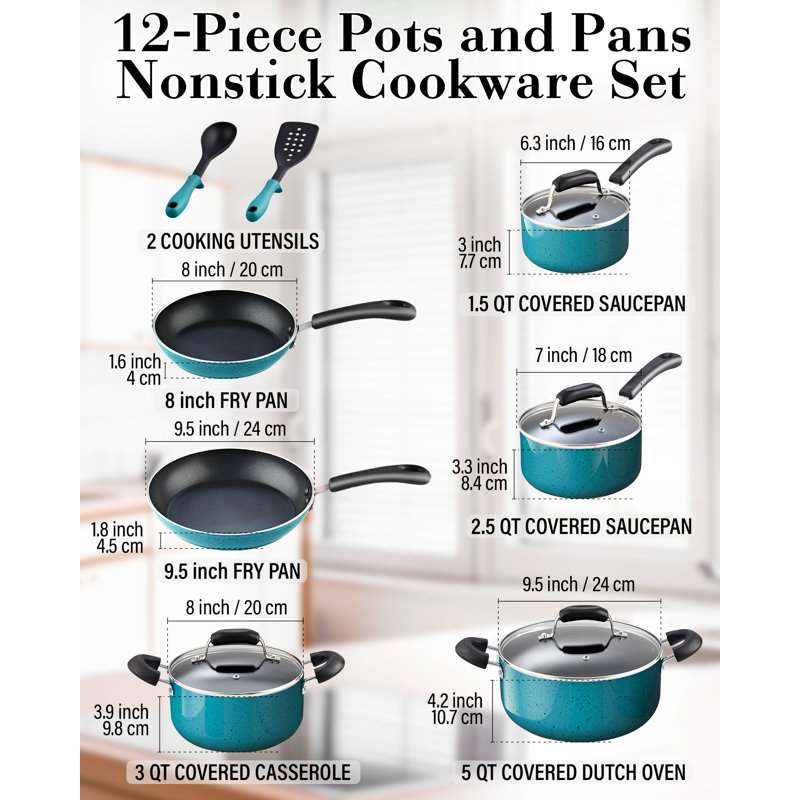 Cook N Home Non-Stick Aluminum Pots and Pans Kitchen Cookware Set 12 Piece, Turquoise
