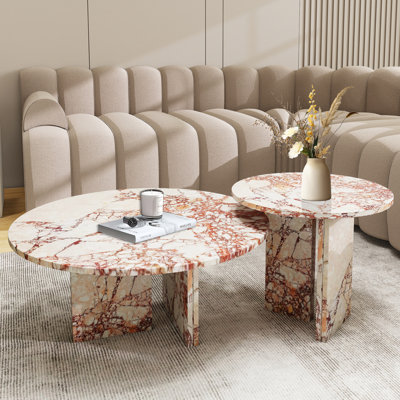 Ensemble de 2 tables basses gigognes en marbre, table basse ronde moderne pour le salon, table de centre à texture unique pour la maison, rose