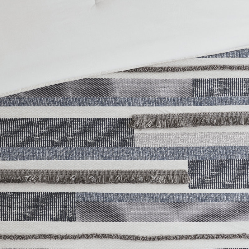 Ensemble d'édredon 3 pièces en coton bleu marine / gris Serena, Édredon pour grand lit + 2 taies décoratives sta