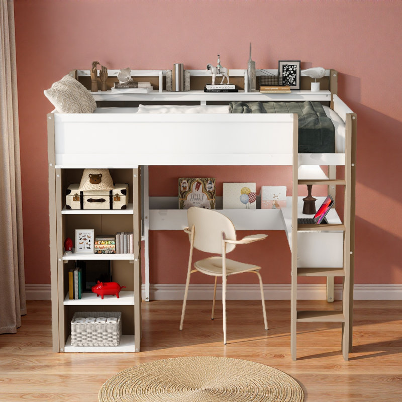 Lit mezzanine double en bois avec tablettes de rangement intégrées, portemanteaux et bureau, Naturel