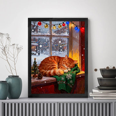 Black Framed Vintage Christmas Cat Wall Art Retro Style Framed Prints