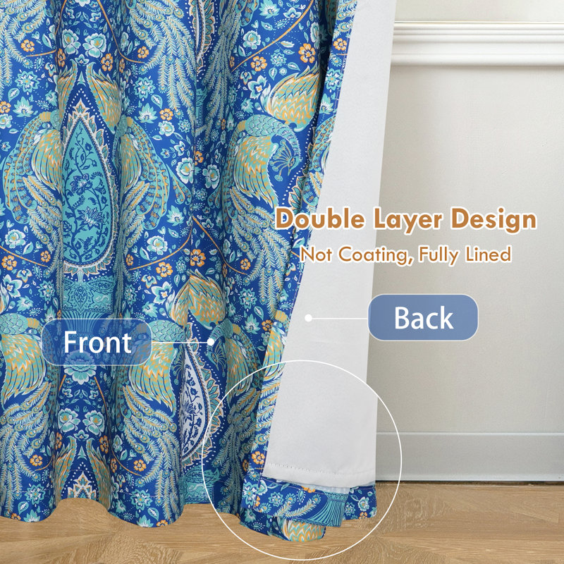 Floral Teal Curtains for Bedroom 80% Blackout Thermal Insulated Lined Double Layer Vintage Peacock Printed Pattern Darkening Drapes for Living Room Grommet 2 Panels