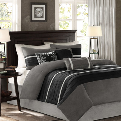 Édredon très grand 7 pièces noir, simili suède doux au toucher, 2 taies décoratives, 3 coussins décoratifs, literie lavable à la machine noire, microsuède, confort, coussins avec broderie,