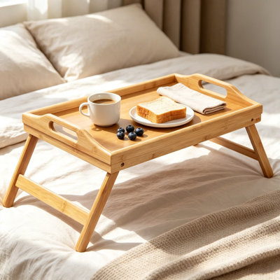 Table-plateau en bambou avec pieds et poignées pliables, plateau-repas polyvalent pour canapé, collations pour manger, lire, dessiner et servir, bureau portable pour adultes et enfants, finition naturelle