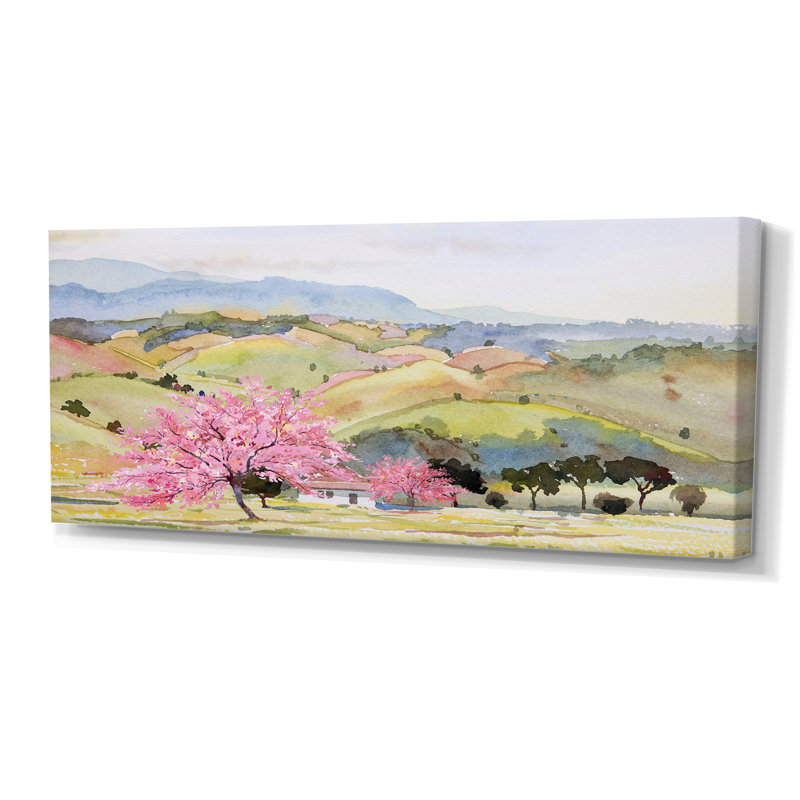 «Pink Mountain Tree in Autumn Landscape», peinture sur toile, L 60 po x H 28 po, Toile tendue