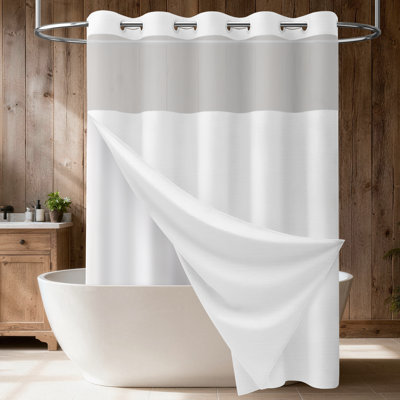 Rideau de douche instantané en lin texturé à crochets instantanés avec doublure à pression et fenêtre supérieure en filet, ensemble de rideaux de douche en tissu imperméable robuste, rideaux de douche décoratifs élégants et modernes pour hôtel