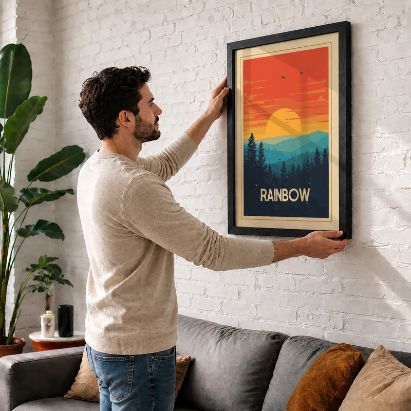 Mountains at Sunrise Retro - Framed Print, A2 - 59.4 x 42.0 cm, White