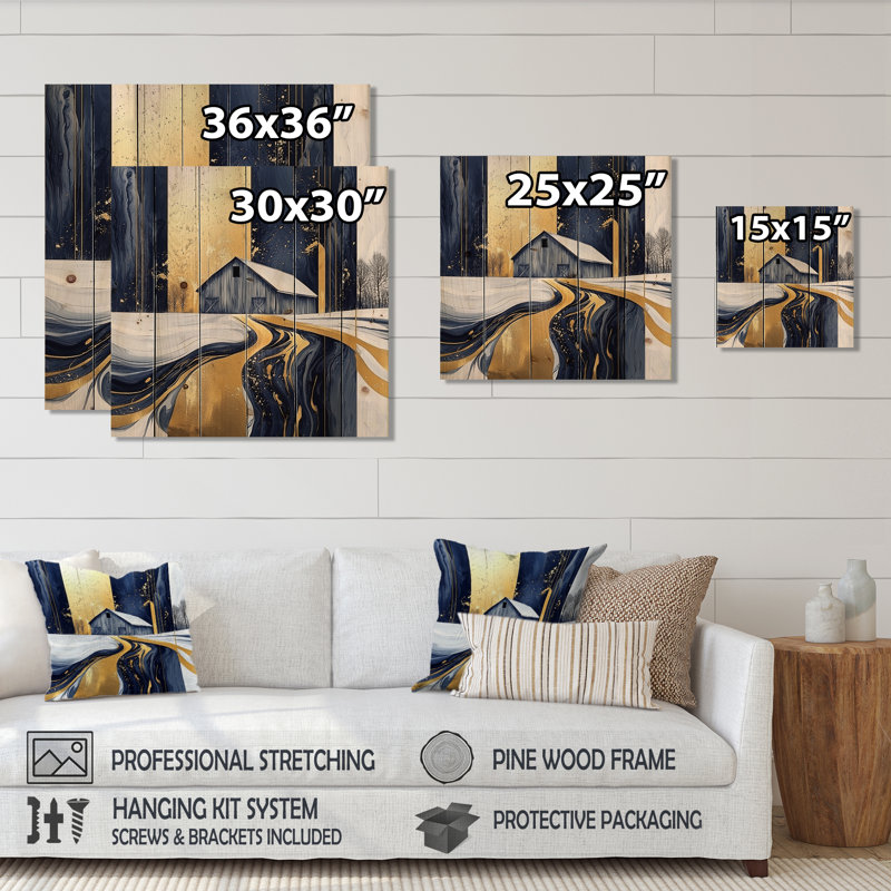 Abstrait bleu et or grange II - art mural traditionnel en bois sur bois de pin naturel, H 30 po x l 30 po