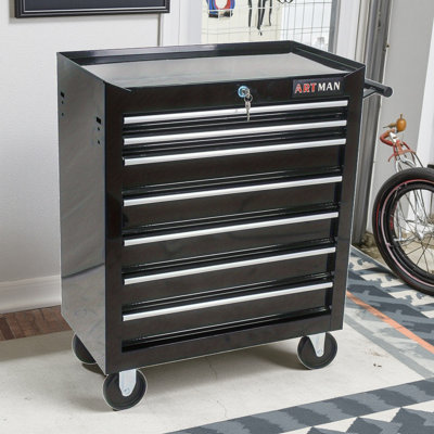 Black 7-Drawer Mobile Tool Cart, Multifunctional Tool Trolley For Garage With Lockable Tool Box, 4 Wheels (2 Lockable)