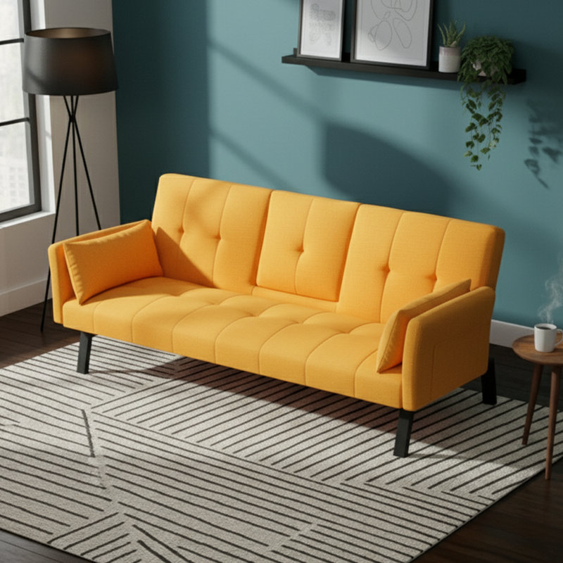  70" W Convertible Cotton-Linen Sofa Bed with Cup Holders and Side Storage Pockets, Yellow