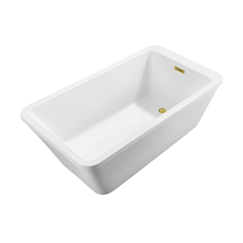 60" Streamline Freestanding Soaking Acrylic Bathtub With Drain and Bamboo Tray, Polished Gold