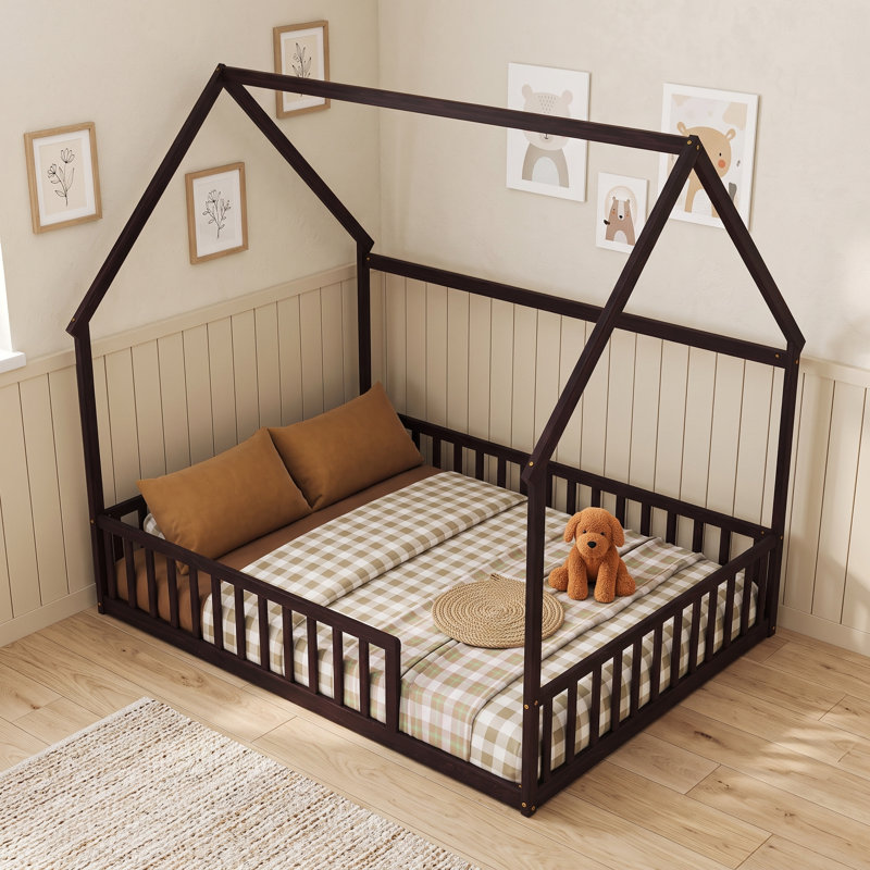 Lit sur pied en bois avec garde-corps, Full, Espresso
