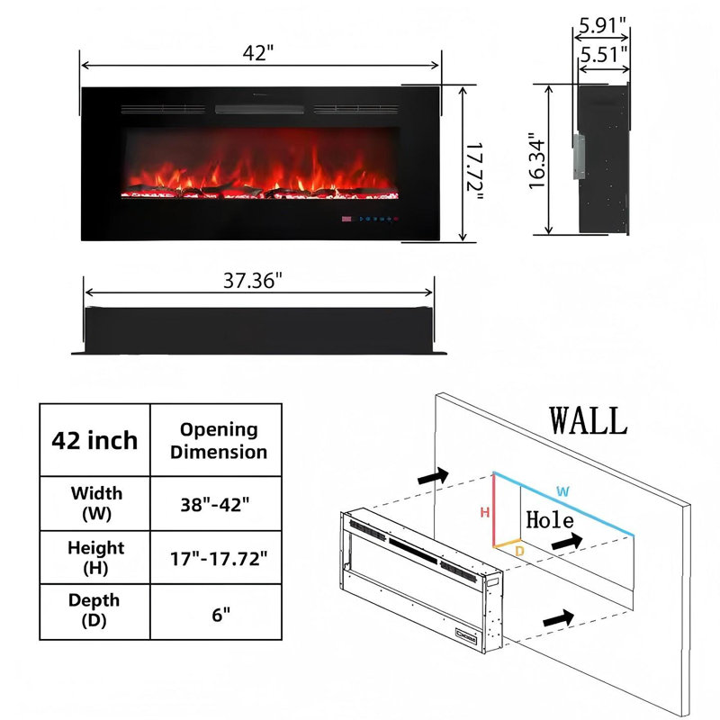 Inserts de foyer électriques, chauffe-foyer pour l'intérieur avec télécommande, H 17,70 po x l 42 po x P 5,50 po