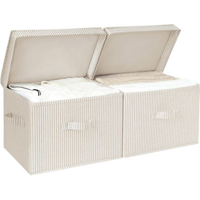 Closet Storage Bins, Fabric Storage Bins with Lids | Flip-Top Lid, 3 Handles, Collapsible, Stackable, for Clothes Blankets, Multi-Purpose, Large, Khak