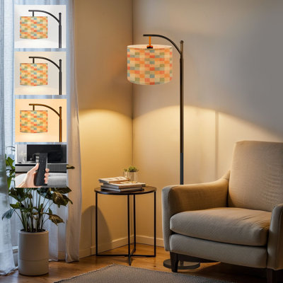  Arc Floor Lamp Geometric Pastel Checkerboard Soft Gradient Squares Tall Modern Standing Lamp LED Adjustable Linen Lampshade 3 Color Temperatures