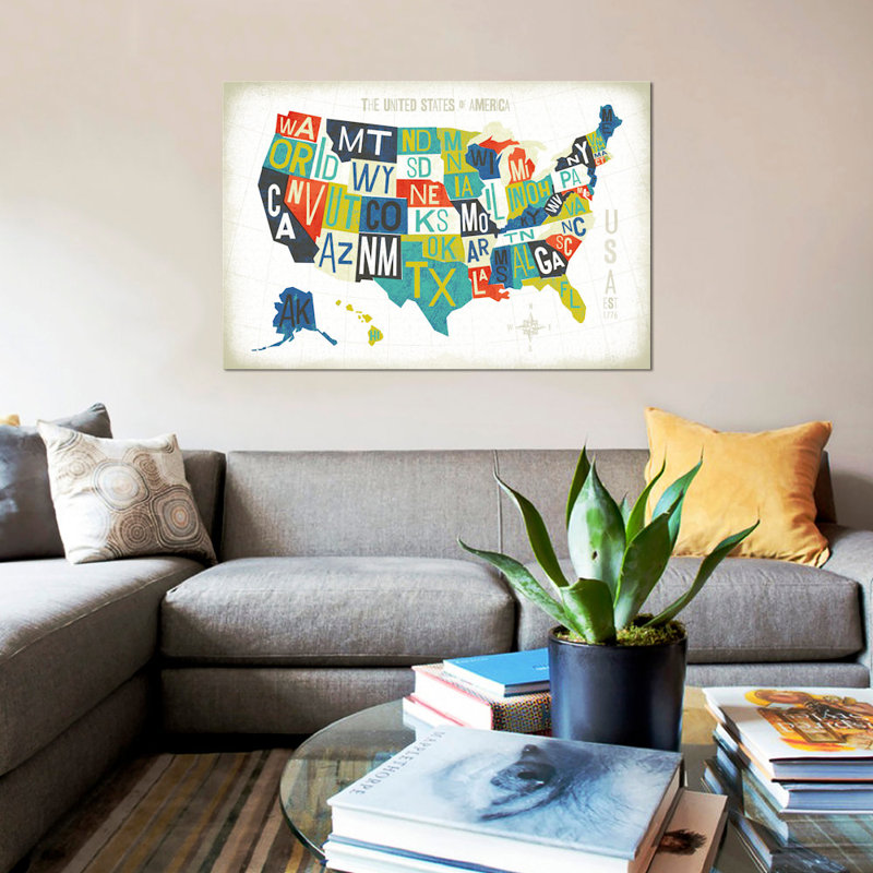 «Letterpressed Cartes Series: USA», impression sur toile, H 18 po x l 26 po x P 1,5 po, Toile avec cadre noir, Pas de tapis