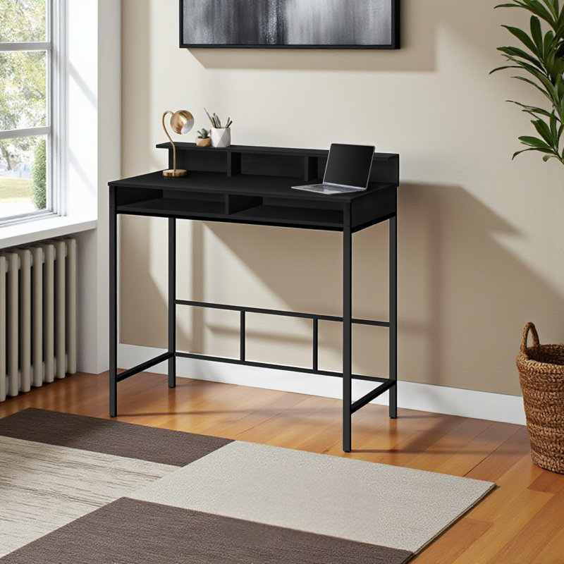 Mathias Black Finish Computer Desk With Hutch & Black Metal Leg, 47.33" H X 46.98" W X 23.64" D
