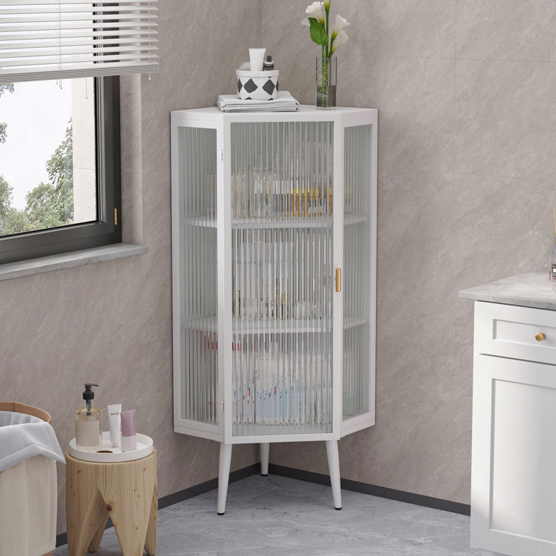 Armoire, porte en verre, porte en verre, trois niveaux avec portes trempées et tablettes de rangement, Blanc