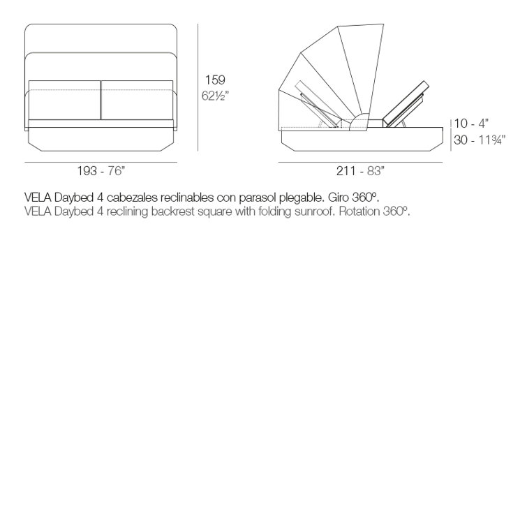 Vela - Daybed with 4 Reclining Backrests and Folding Canopy - 83"x76" - Basic