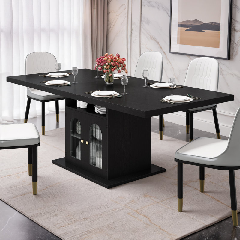 Black Dining Table For 4 To 6, Modern Kitchen Dining Room Table With 3-tier Storage Shelf And Acrylic Door Cabinet, Rectangular Wooden Dinner Tables For Home Kitchen Living Room