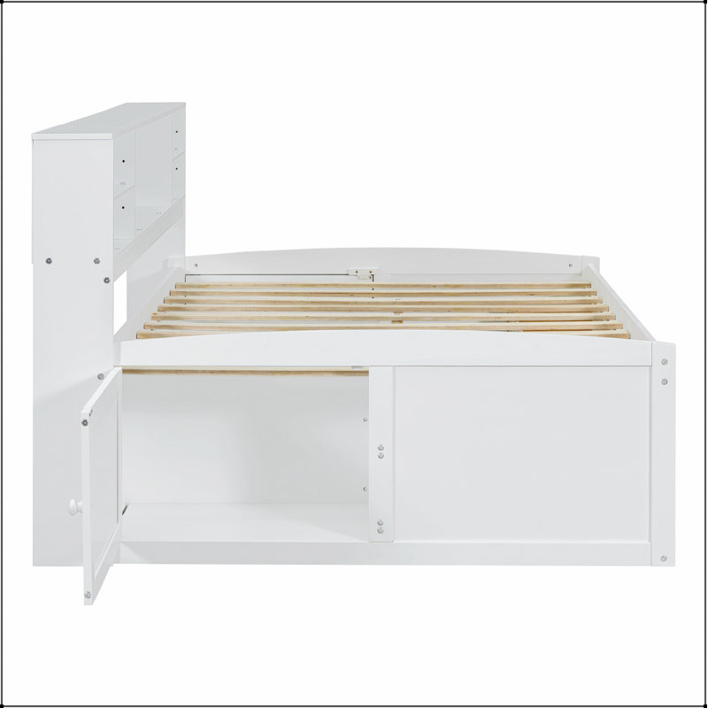 Lit de jour en bois avec 2 armoires de chevet, tablettes supérieures et 4 tiroirs, Blanc