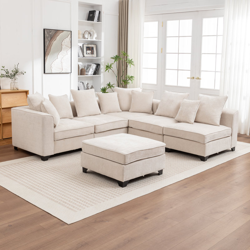 Bennett 6-Piece L-Shaped Sectional Sofa, Beige Chenille