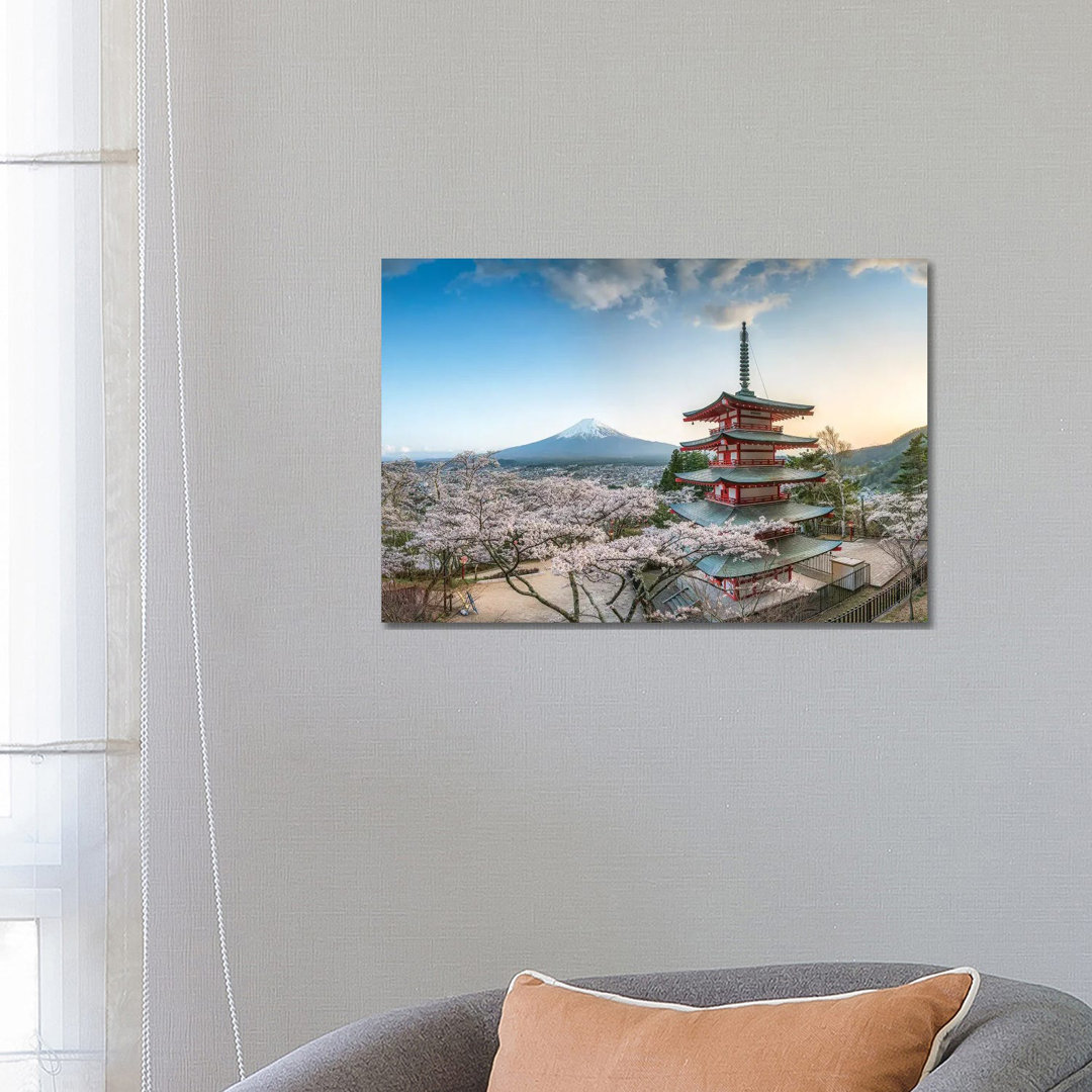 Chureito Pagoda With View Of Mount Fuji At The Arakura Sengen Shrine In Fujiyoshida by Jan Becke - Wrapped Canvas Print