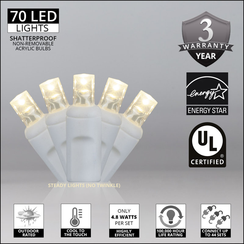 70 Light Wide Angle White Wire LED Mini String Lights (End to End Connectable), Warm White